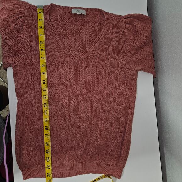 LOFT Outlet Dusty Pink Ribbed Knit V-Neck Puff Sleeve Sweater Sz Small Peasant - Picture 6 of 6